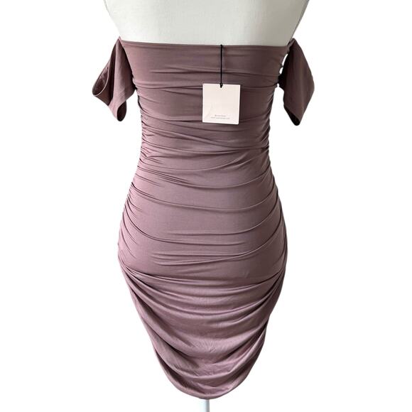 SUPERDOWN Women's Elora Ruched Off The Shoulder Dress in Taupe-Sz‎ S - Picture 5 of 9